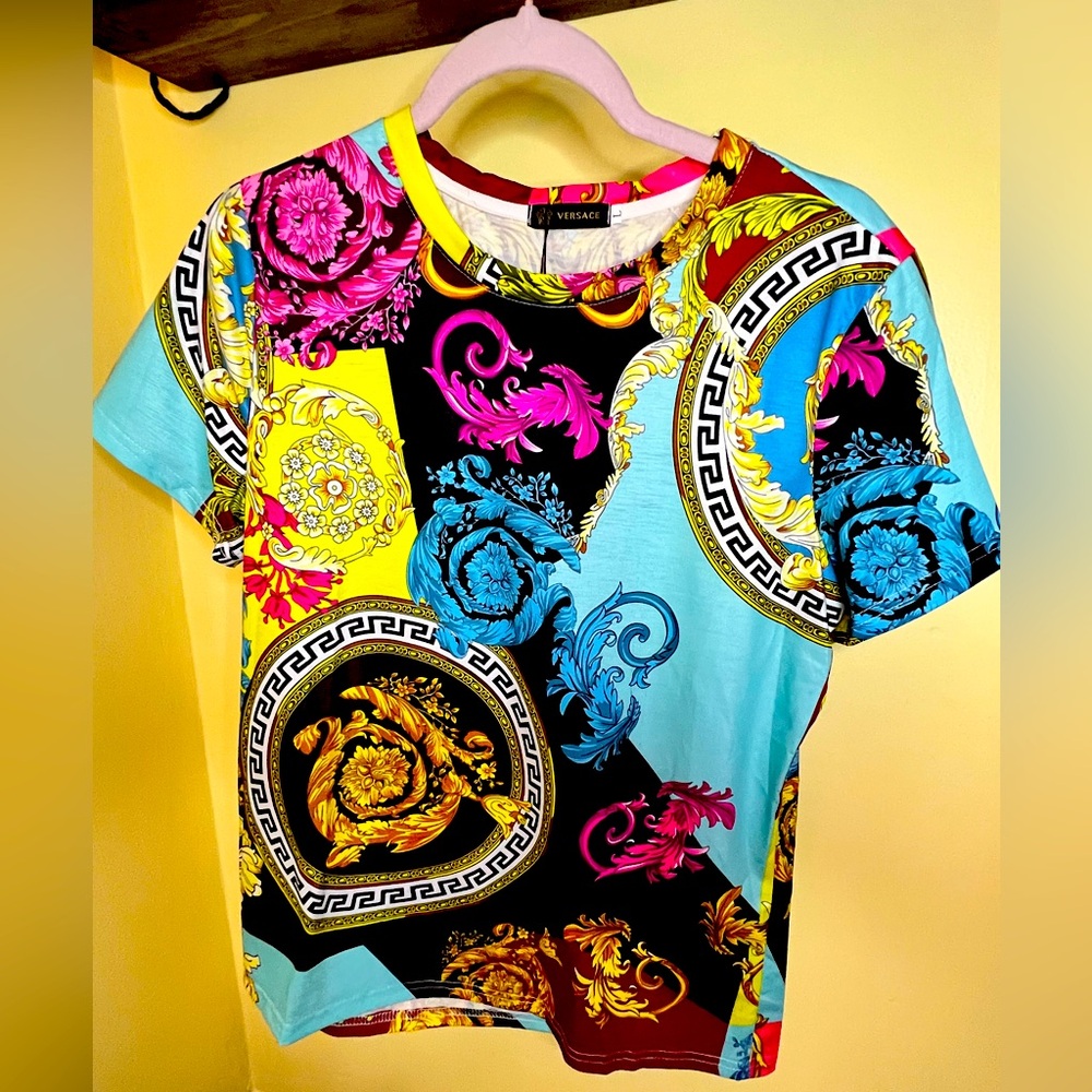 Colorful, designer-inspired, printed tee.